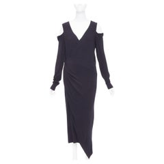 DONNA KARAN black jersey cold shoulder long sleeve side drape dress L
