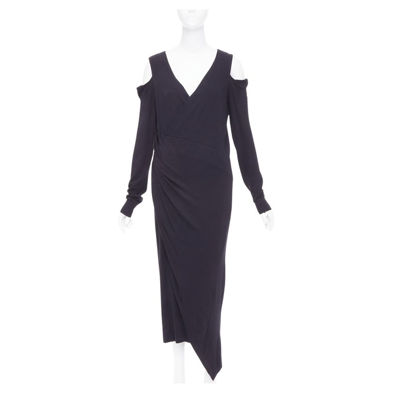 DONNA KARAN black jersey cold shoulder long sleeve side drape dress L For  Sale at 1stDibs