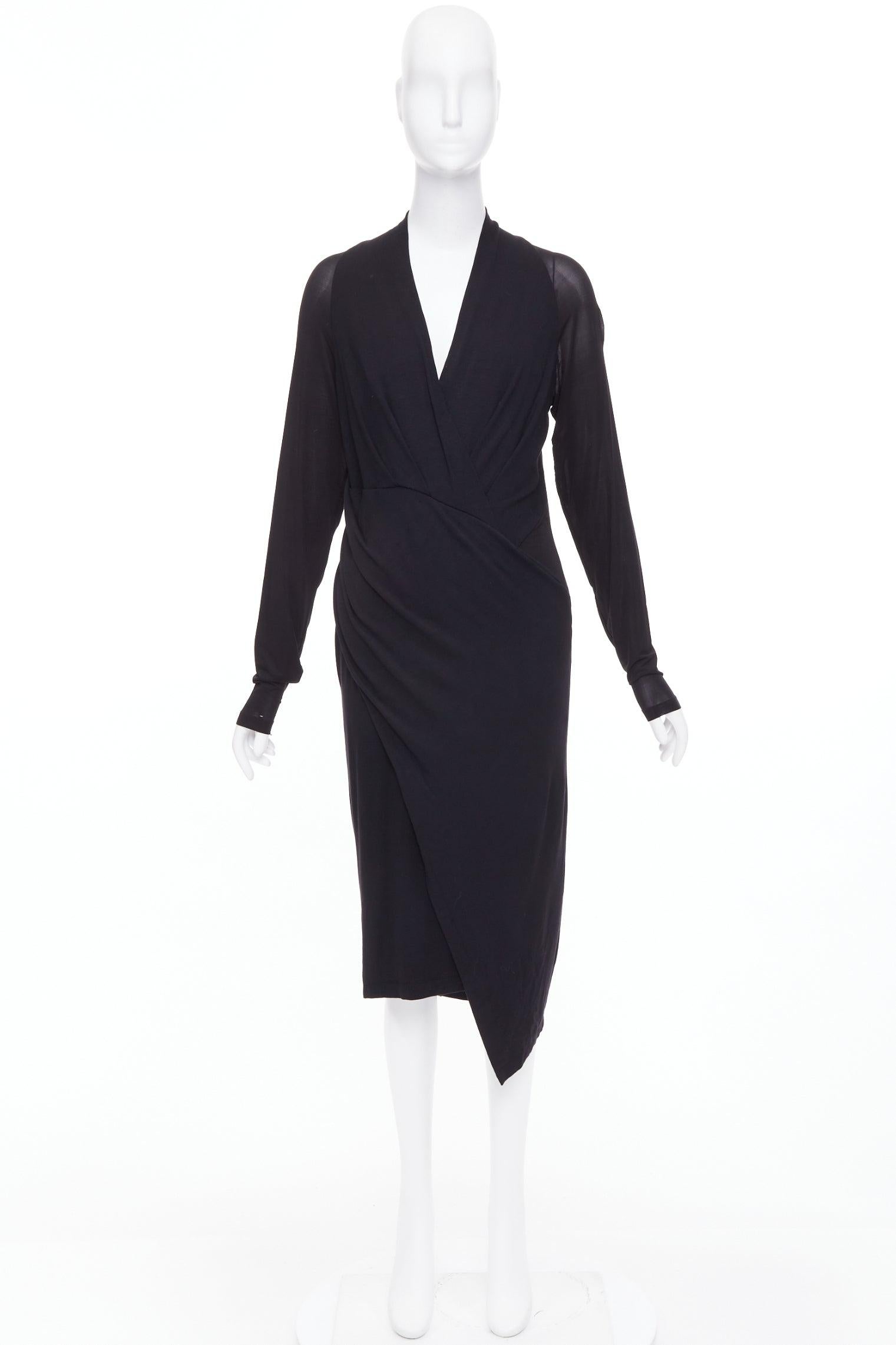 DONNA KARAN noir jersey transparent maille raglan drapé robe plongeante haute et basse L. en vente 5
