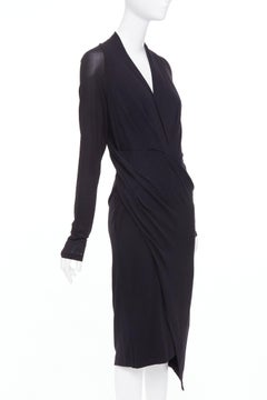 DONNA KARAN black jersey sheer mesh raglan drape plunge high low dress L