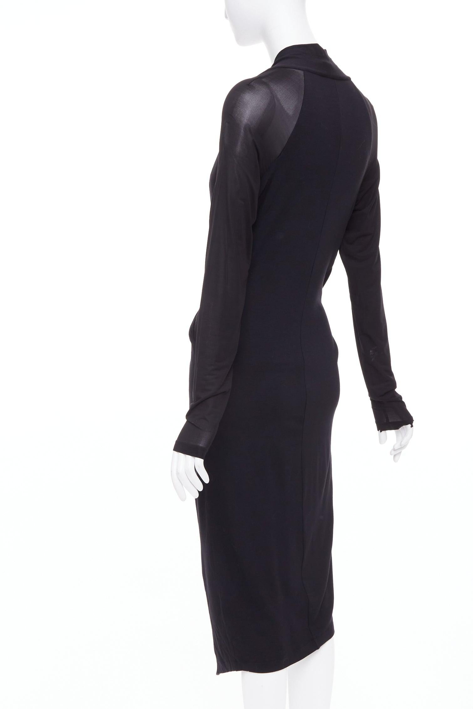 DONNA KARAN noir jersey transparent maille raglan drapé robe plongeante haute et basse L. Pour femmes en vente