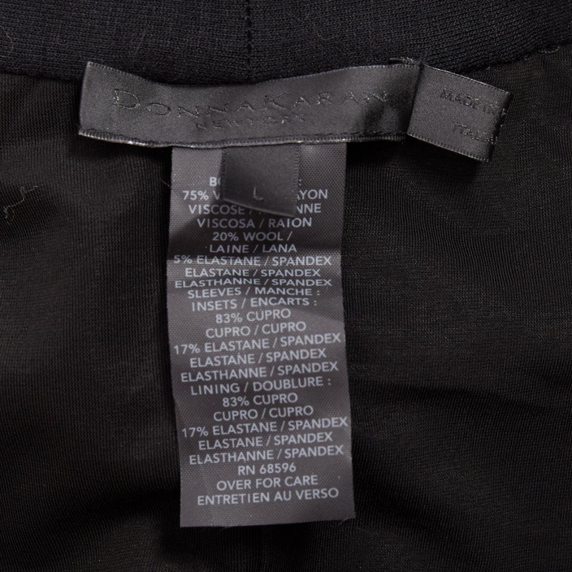 DONNA KARAN noir jersey transparent maille raglan drapé robe plongeante haute et basse L. en vente 4