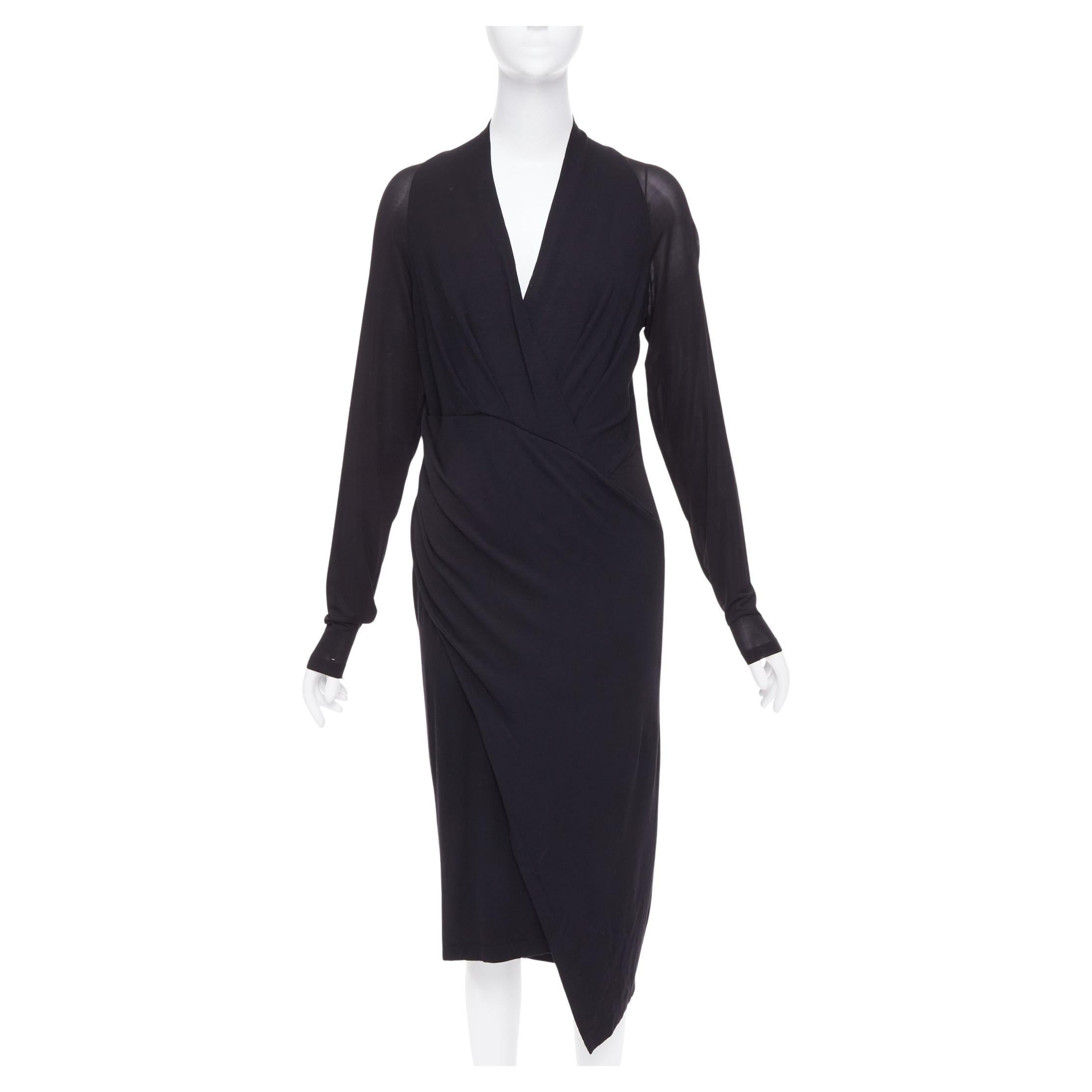 DONNA KARAN black jersey sheer mesh raglan drape plunge high low dress L