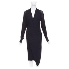 DONNA KARAN black jersey sheer mesh raglan drape plunge high low dress L