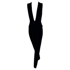 Donna Karan Black Knit Plunging Stretch Stirrup Pant Jumpsuit 1980s Medium