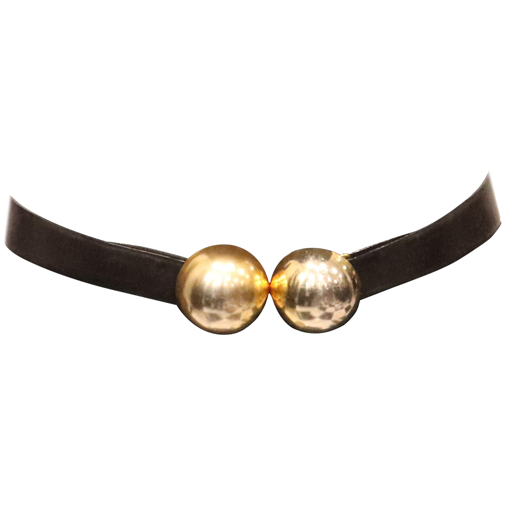 Donna Karan Black Leather Belt W/ 2 Large Gold Balls Closure  For Sale