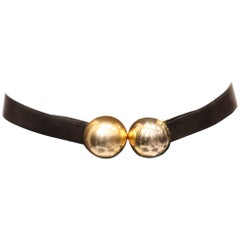 Donna Karan Black Leather Belt W/ 2 Large Gold Balls Closure 