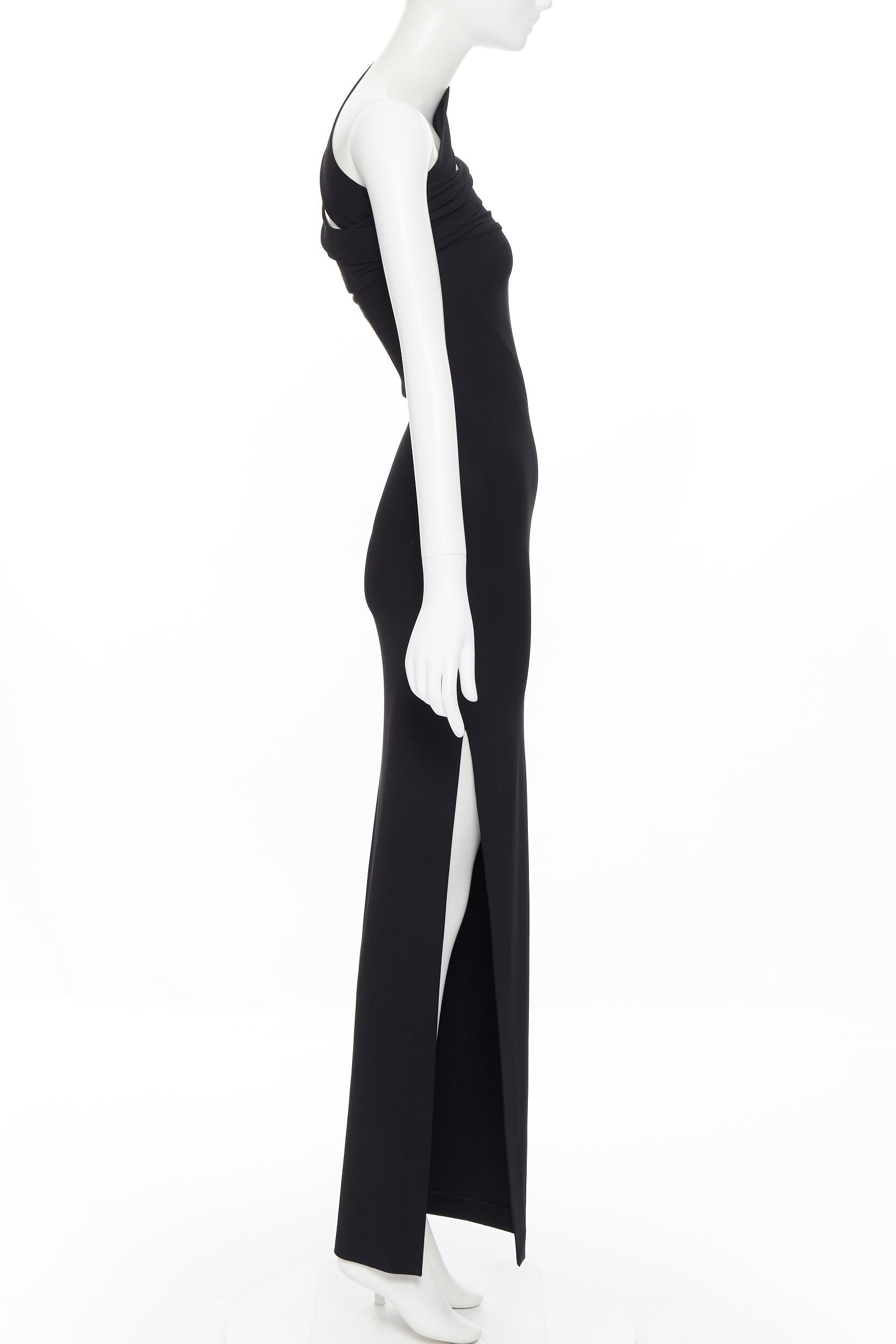 Black DONNA KARAN black rayon stretchy asymmetric off shoulder bodycon gown dress XS