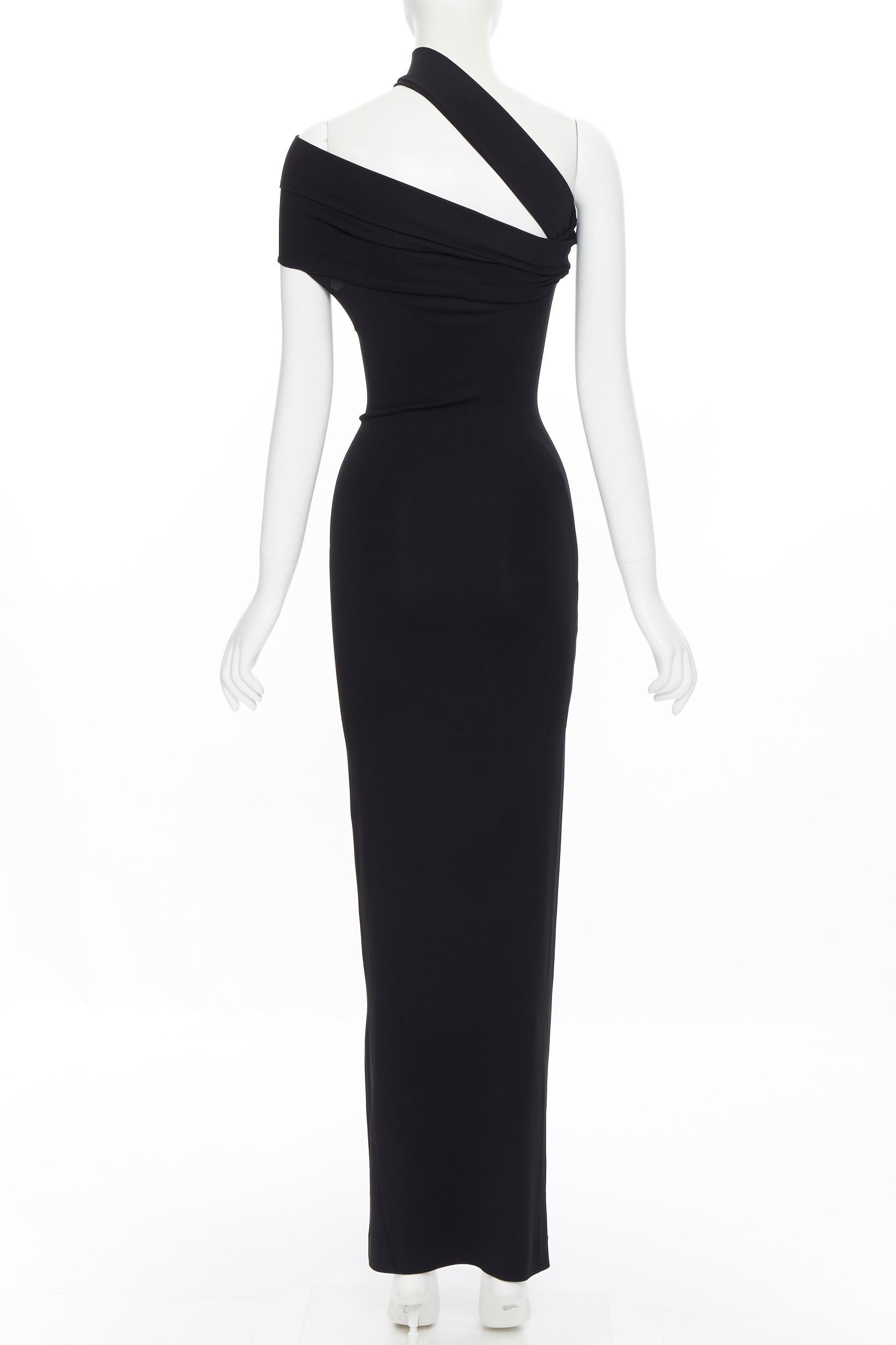 DONNA KARAN black rayon stretchy asymmetric off shoulder bodycon gown dress XS In Excellent Condition In Hong Kong, NT