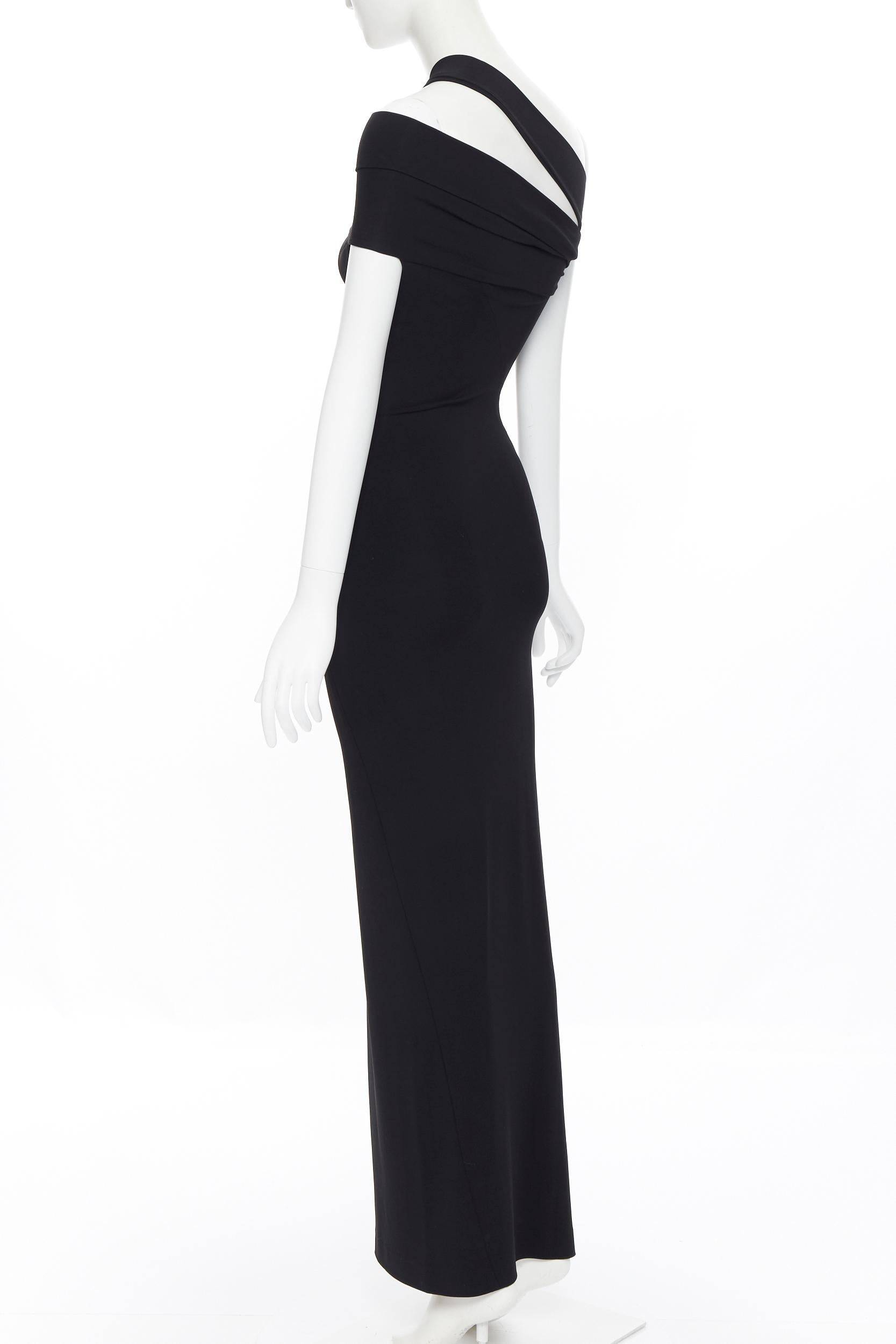 Women's DONNA KARAN black rayon stretchy asymmetric off shoulder bodycon gown dress XS