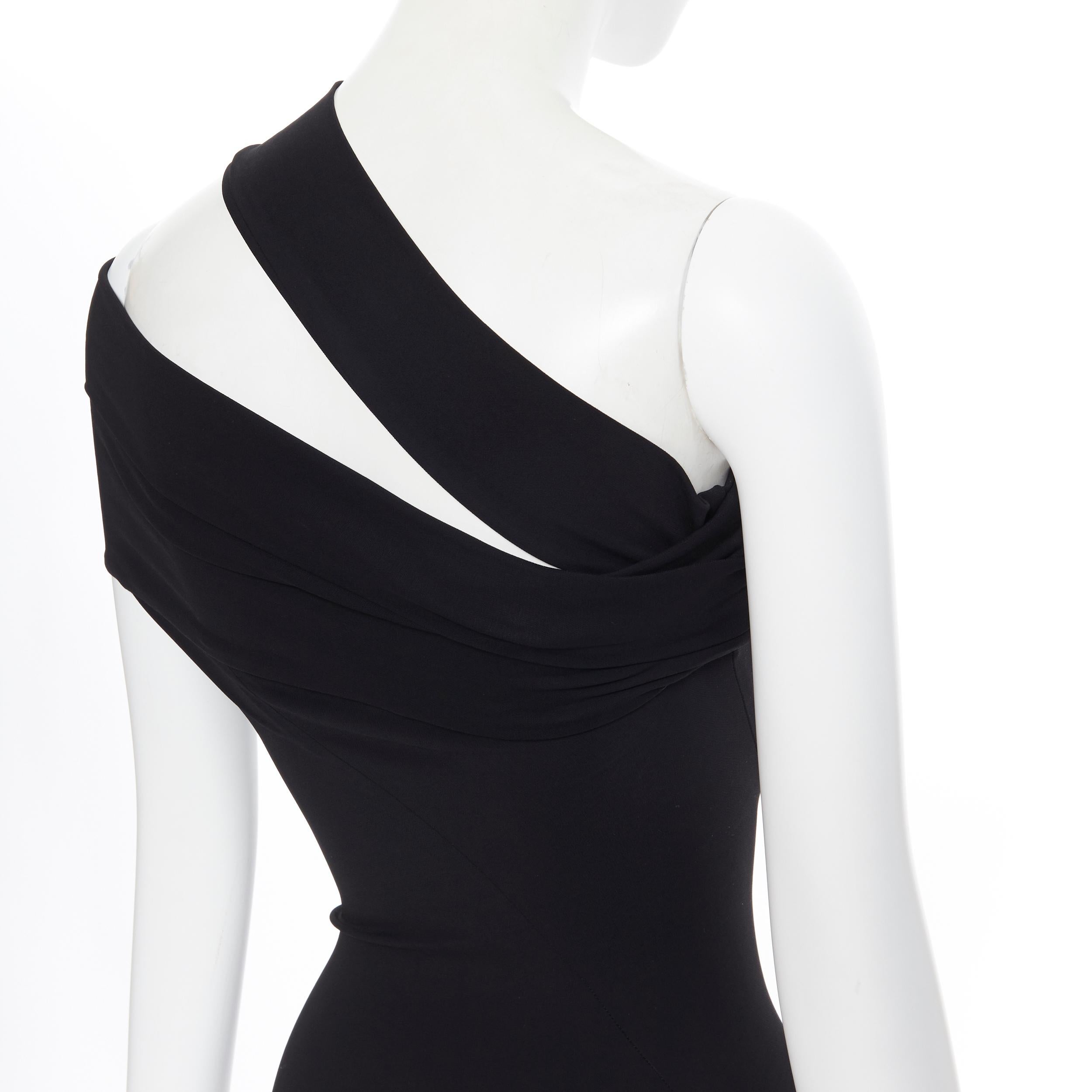 DONNA KARAN black rayon stretchy asymmetric off shoulder bodycon gown dress XS 1