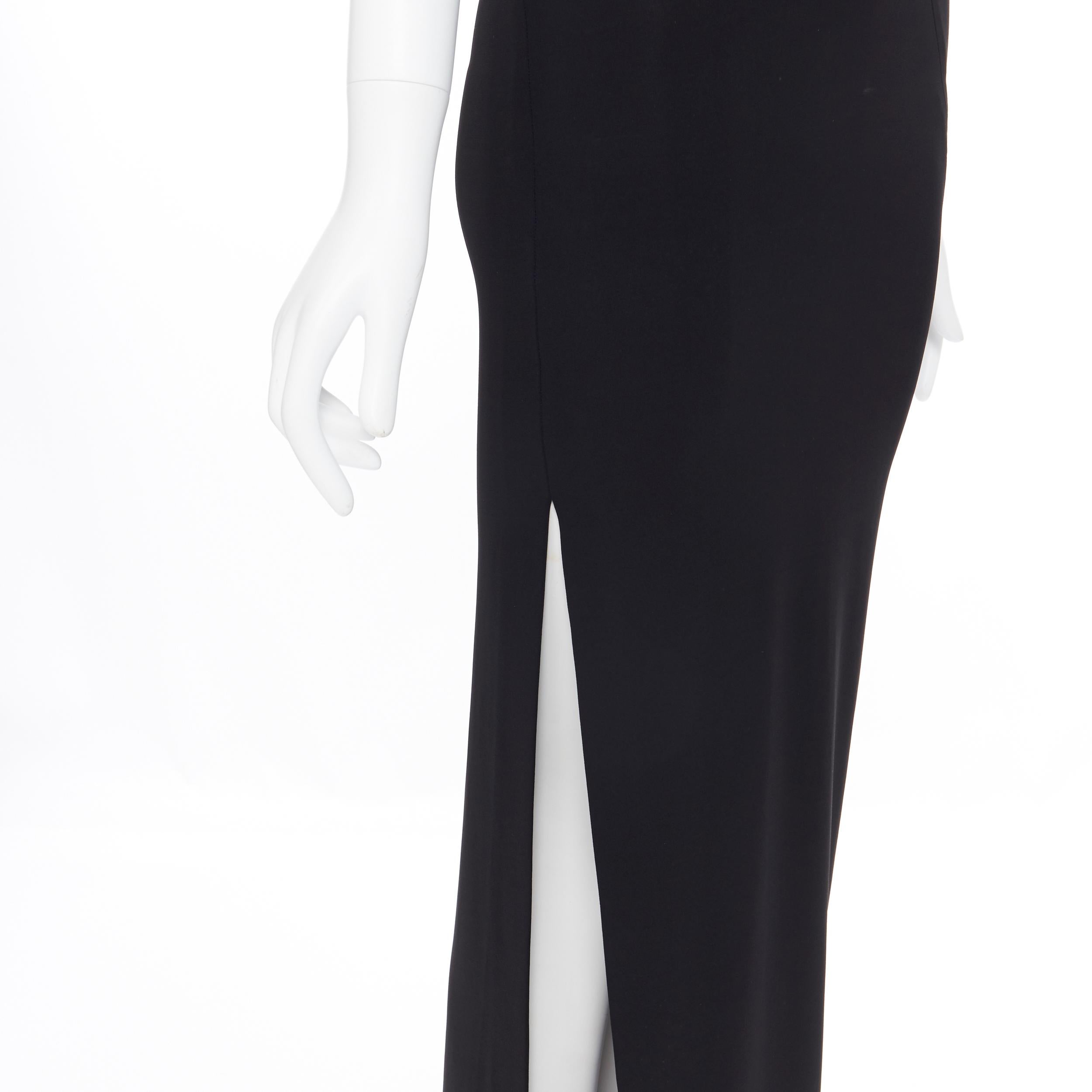 DONNA KARAN black rayon stretchy asymmetric off shoulder bodycon gown dress XS 2