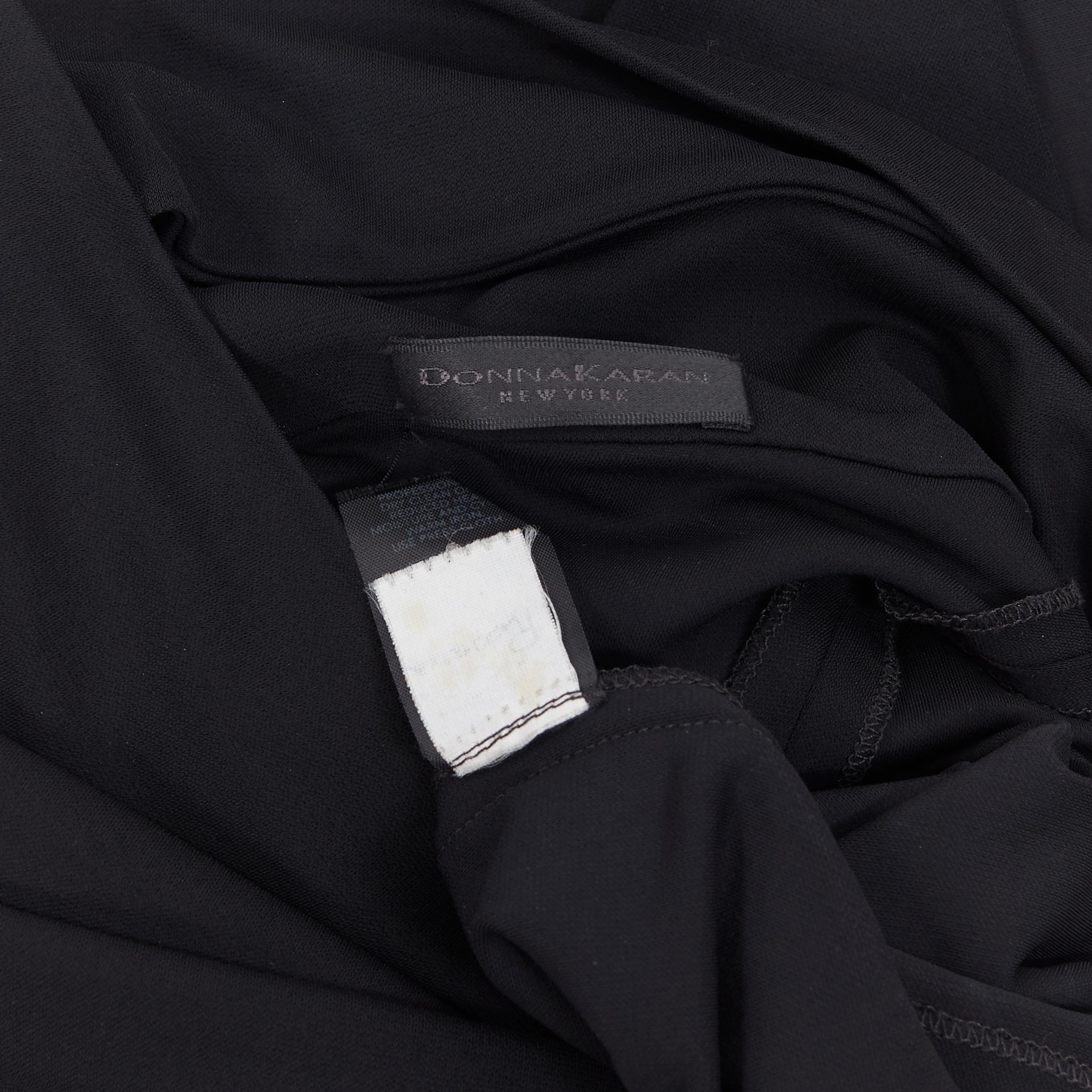 DONNA KARAN black rayon stretchy asymmetric off shoulder bodycon gown dress XS 3