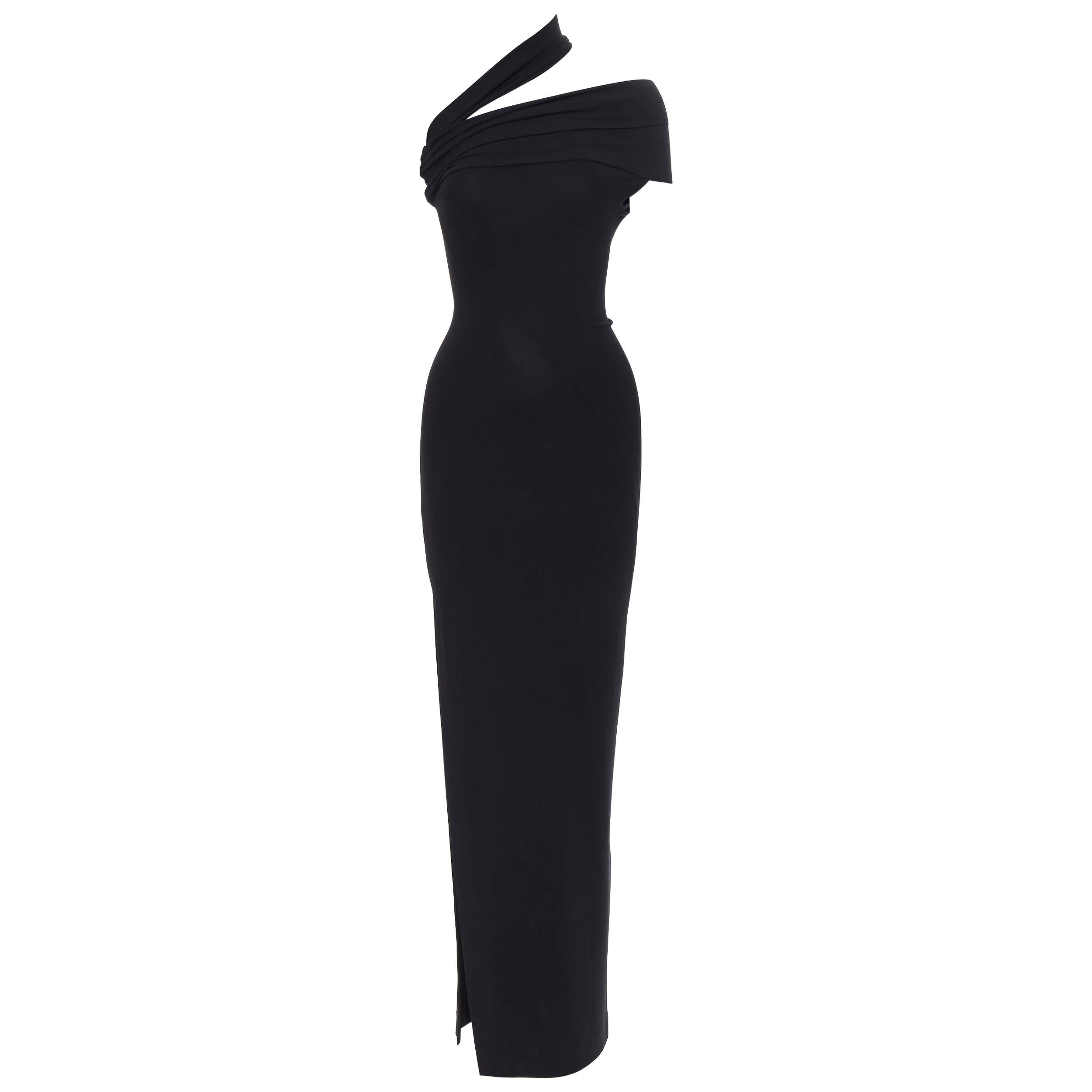 DONNA KARAN black rayon stretchy asymmetric off shoulder bodycon gown dress XS