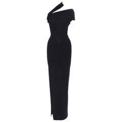DONNA KARAN black rayon stretchy asymmetric off shoulder bodycon gown dress XS