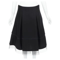 DONNA KARAN black scuba pleated tulle mesh trim A-line skirt FR40 L