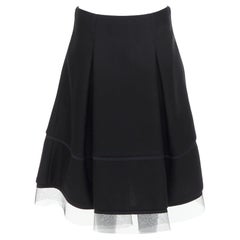 DONNA KARAN black scuba pleated tulle mesh trim A-line skirt FR40 L