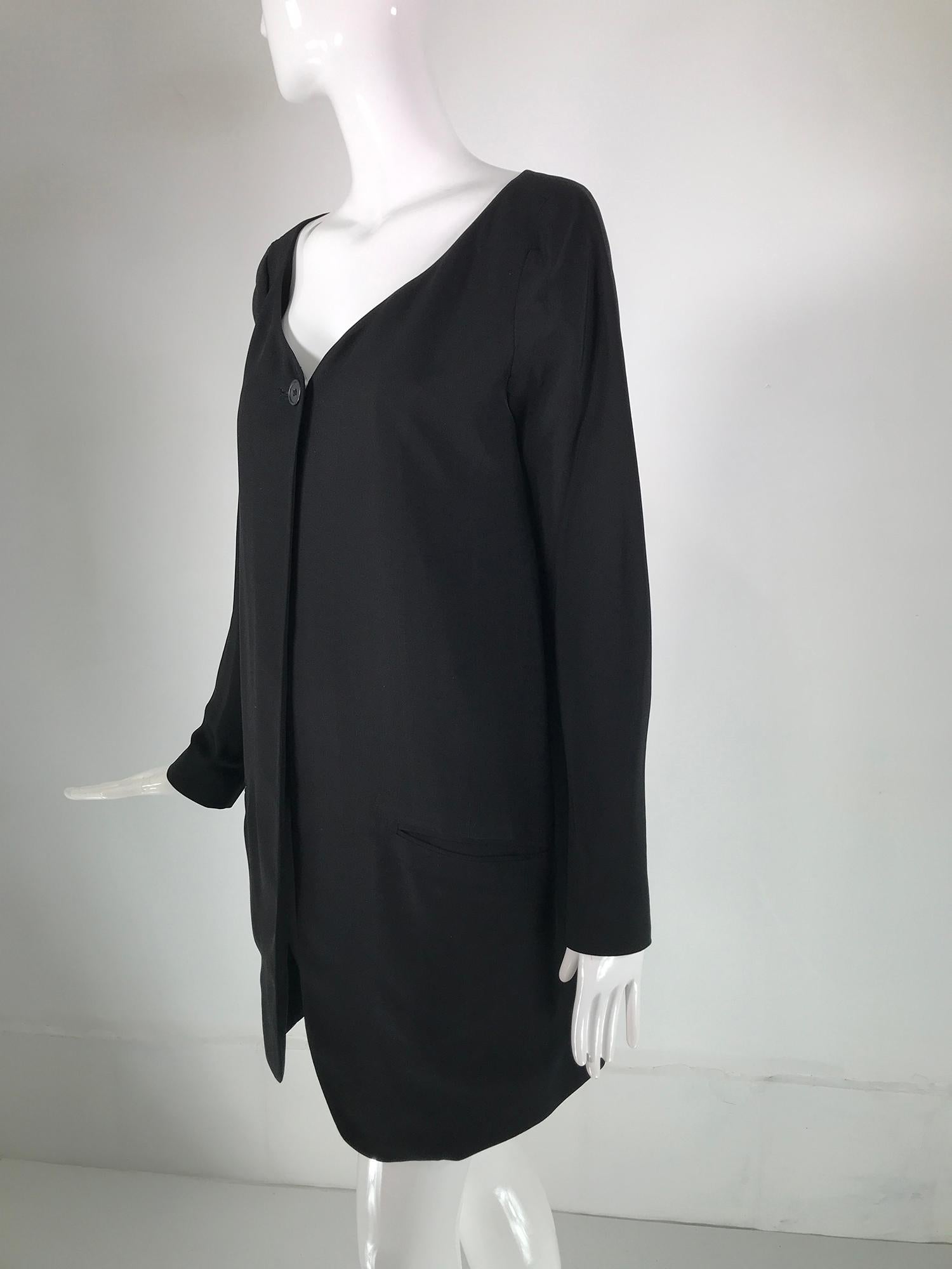  Donna Karan Black Silk Crepe Open Front Jacket With Pockets 1980s In Good Condition For Sale In West Palm Beach, FL