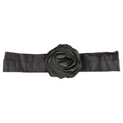 DONNA KARAN Black Silk Satin Rose Sash Belt