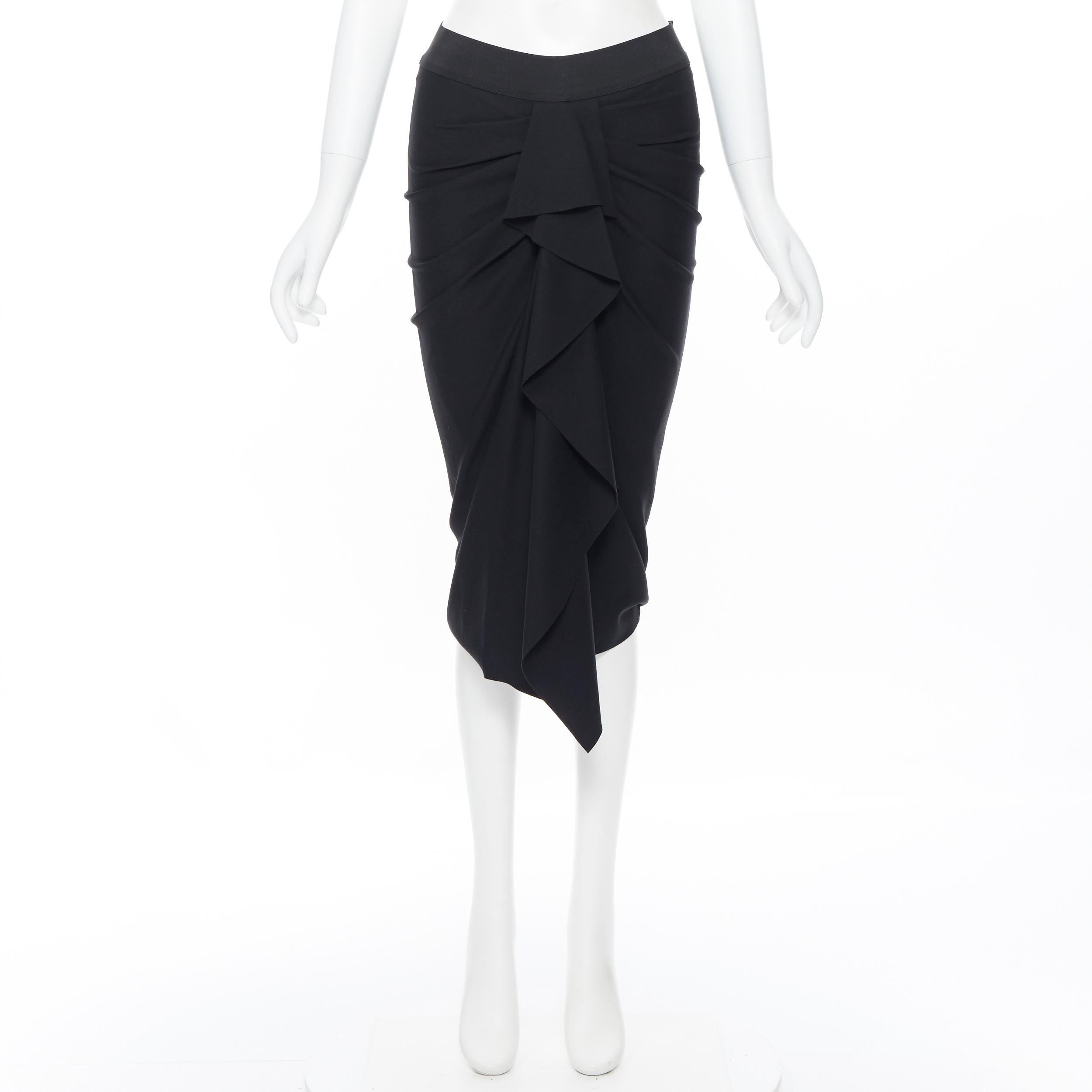 Black DONNA KARAN black viscose blend elastic waist ruched ruffle skirt US6 26
