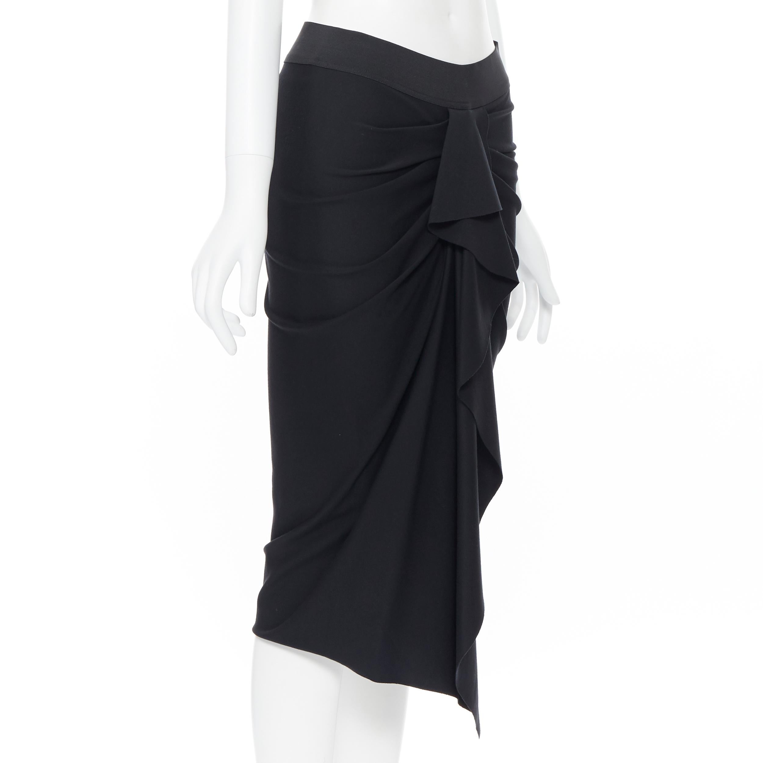 DONNA KARAN black viscose blend elastic waist ruched ruffle skirt US6 26