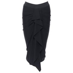 DONNA KARAN black viscose blend elastic waist ruched ruffle skirt US6 26"