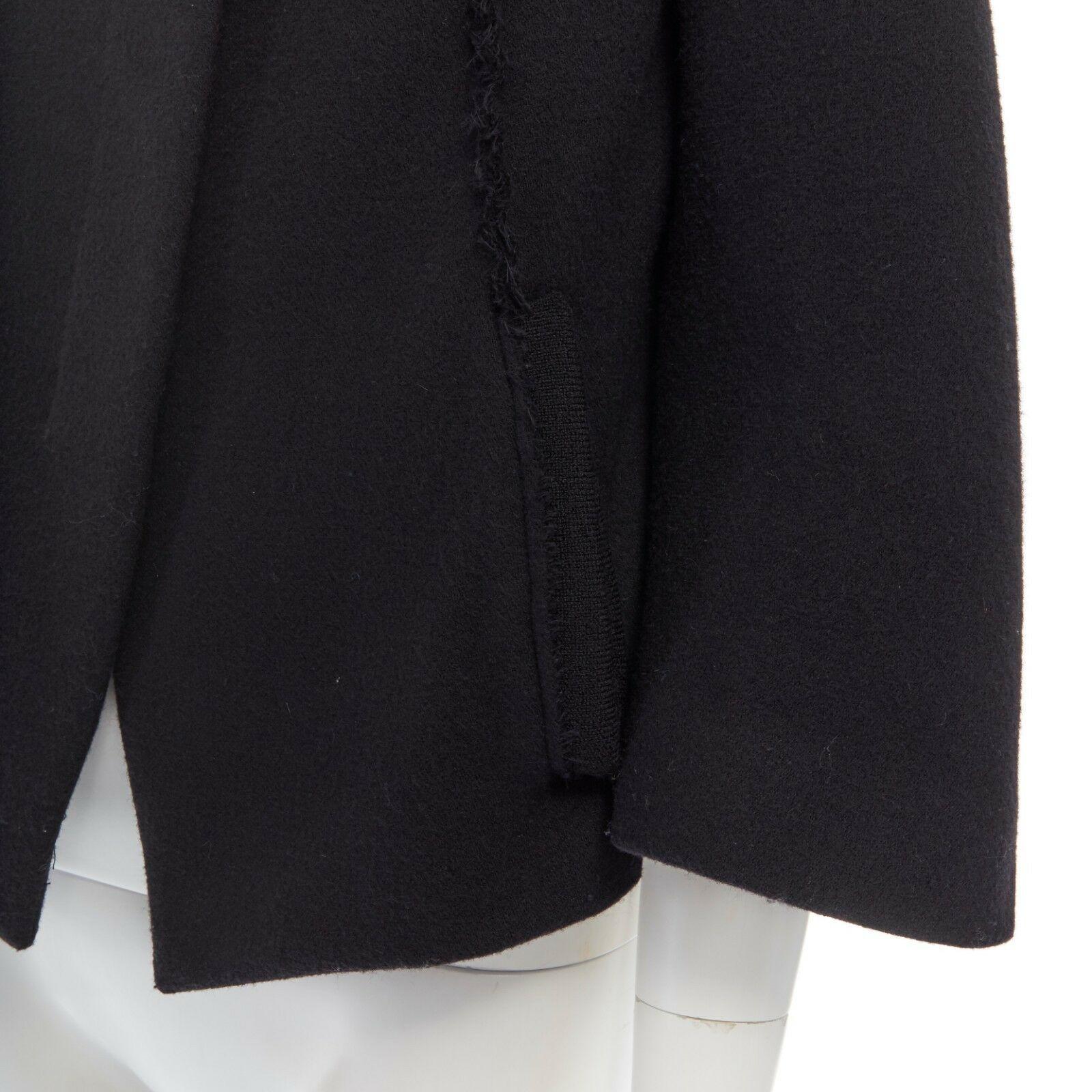 DONNA KARAN black wool blend frayed seam concealed button wide neckline jacket S For Sale 5