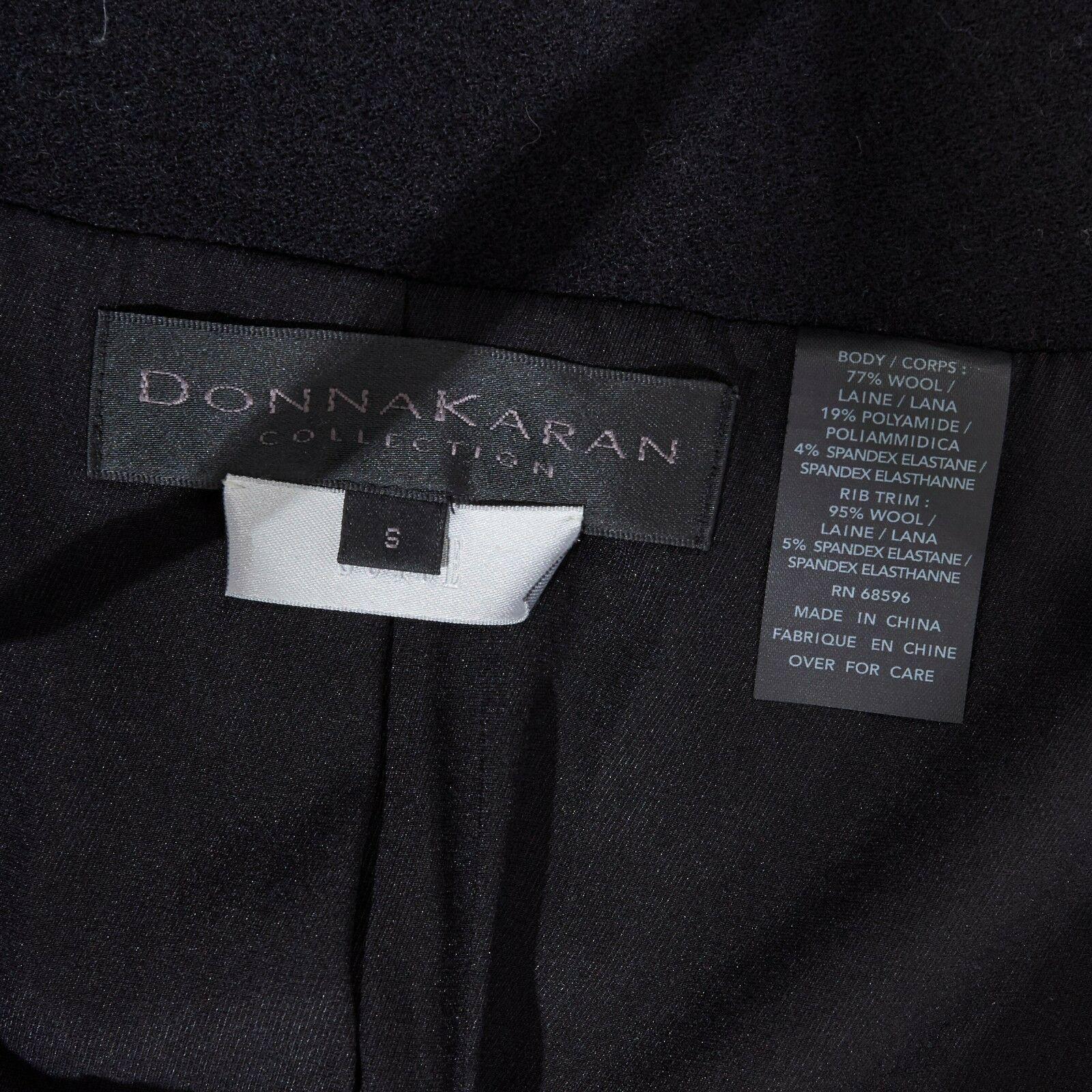 DONNA KARAN black wool blend frayed seam concealed button wide neckline jacket S For Sale 6