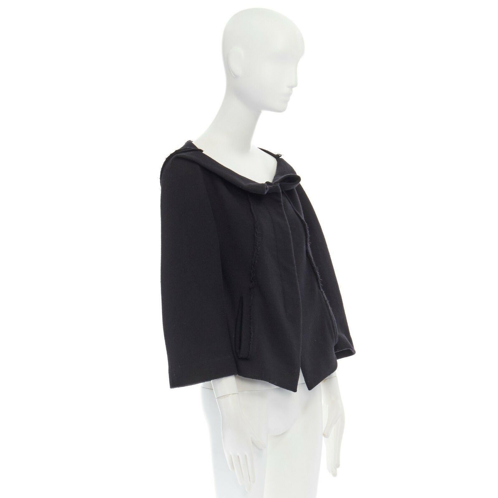DONNA KARAN black wool blend frayed seam concealed button wide neckline jacket S In Excellent Condition For Sale In Hong Kong, NT