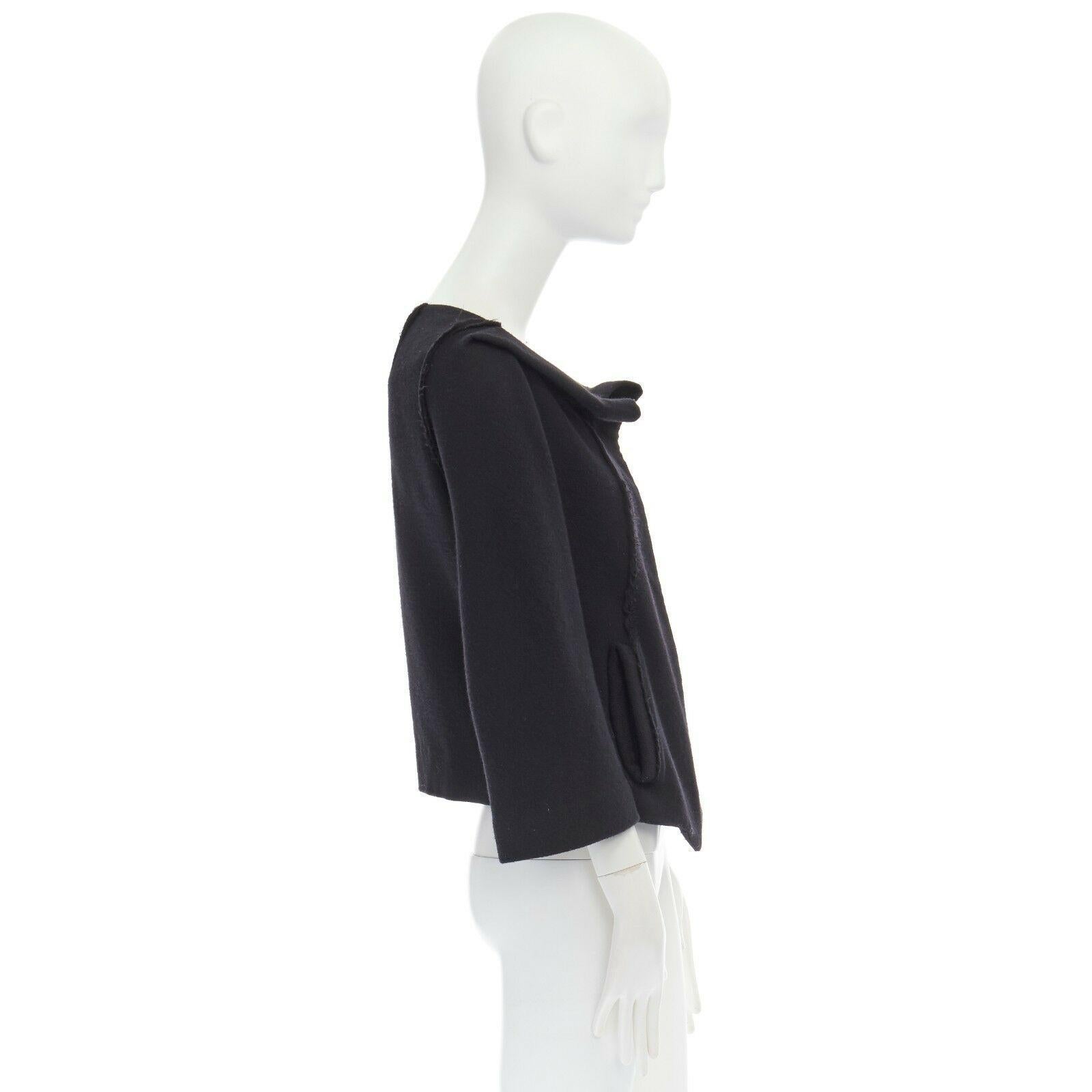 Women's DONNA KARAN black wool blend frayed seam concealed button wide neckline jacket S For Sale