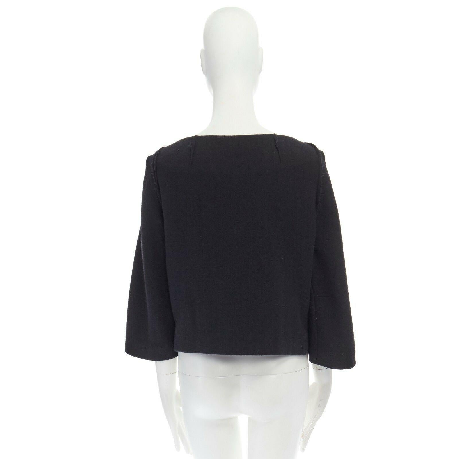 DONNA KARAN black wool blend frayed seam concealed button wide neckline jacket S For Sale 1