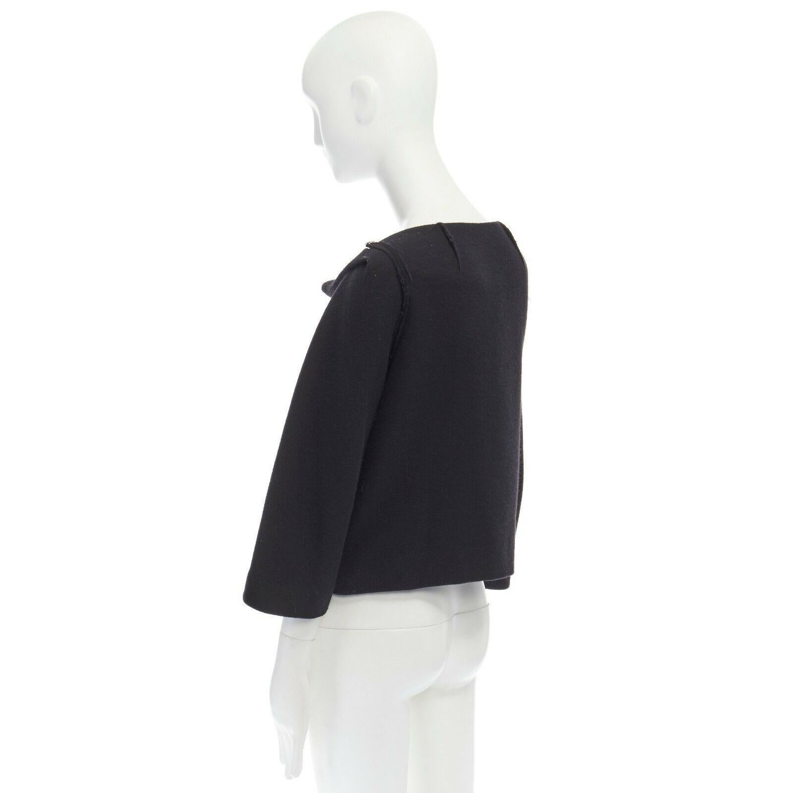 DONNA KARAN black wool blend frayed seam concealed button wide neckline jacket S For Sale 2