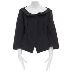 Vintage DONNA KARAN black wool blend frayed seam concealed button wide neckline jacket S