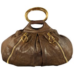 DONNA KARAN Brown Gold Goatskin Leather Top Handles Zippers Handbag