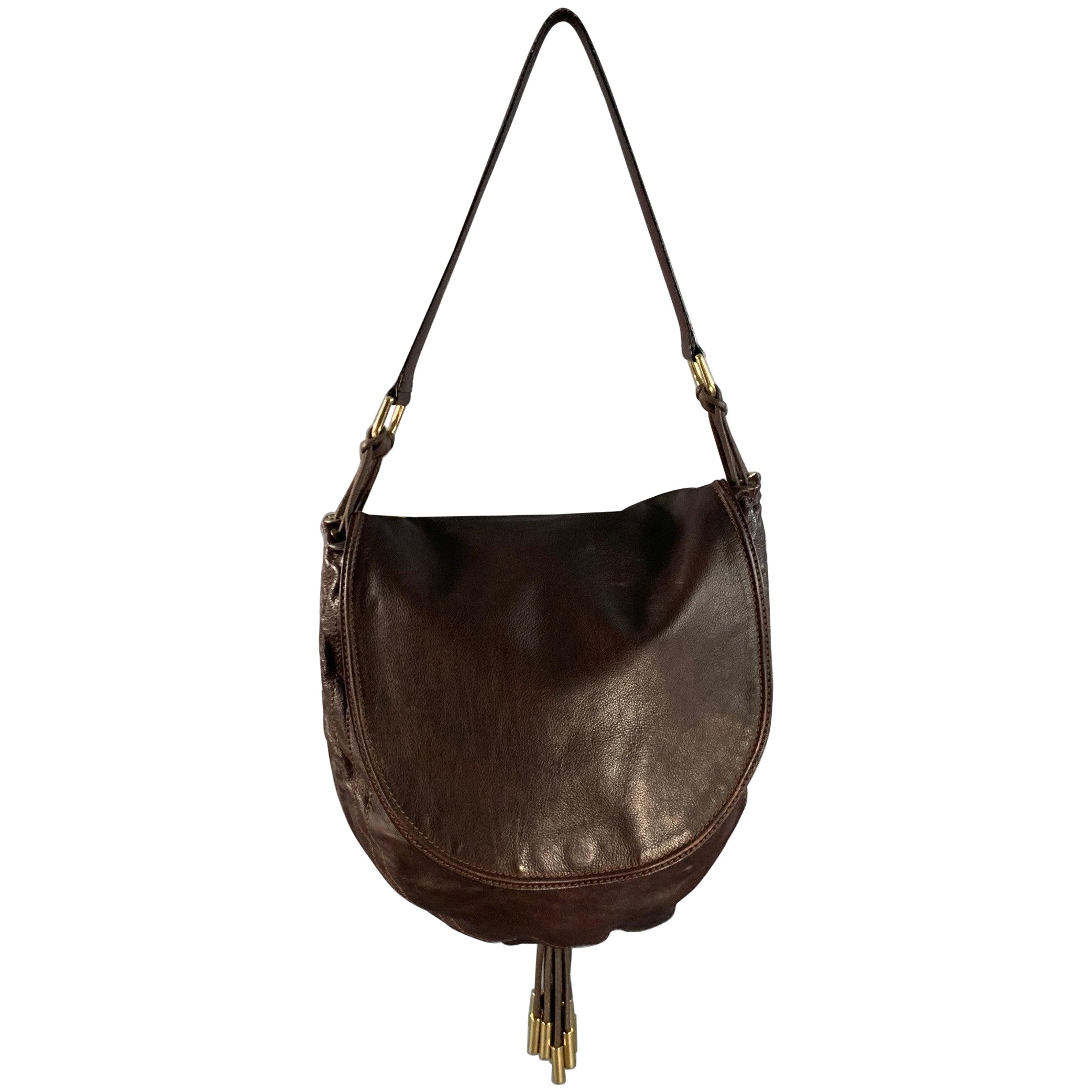 DONNA KARAN Borsa a tracolla in pelle marrone e oro
