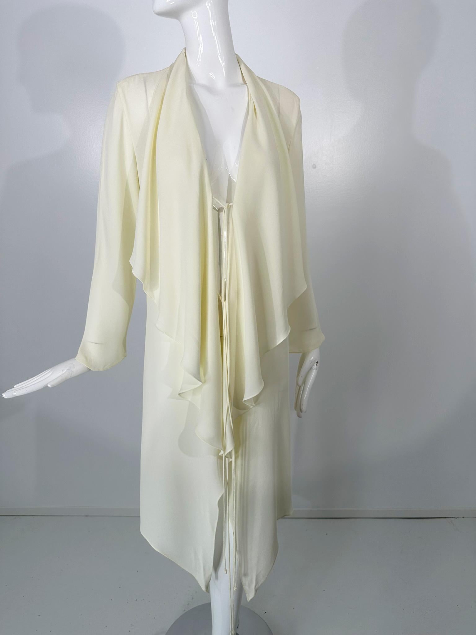 Donna Karan Butter Yellow Drape Lapels Tie Front Lightweight Crepe Coat 8 1980s For Sale 8