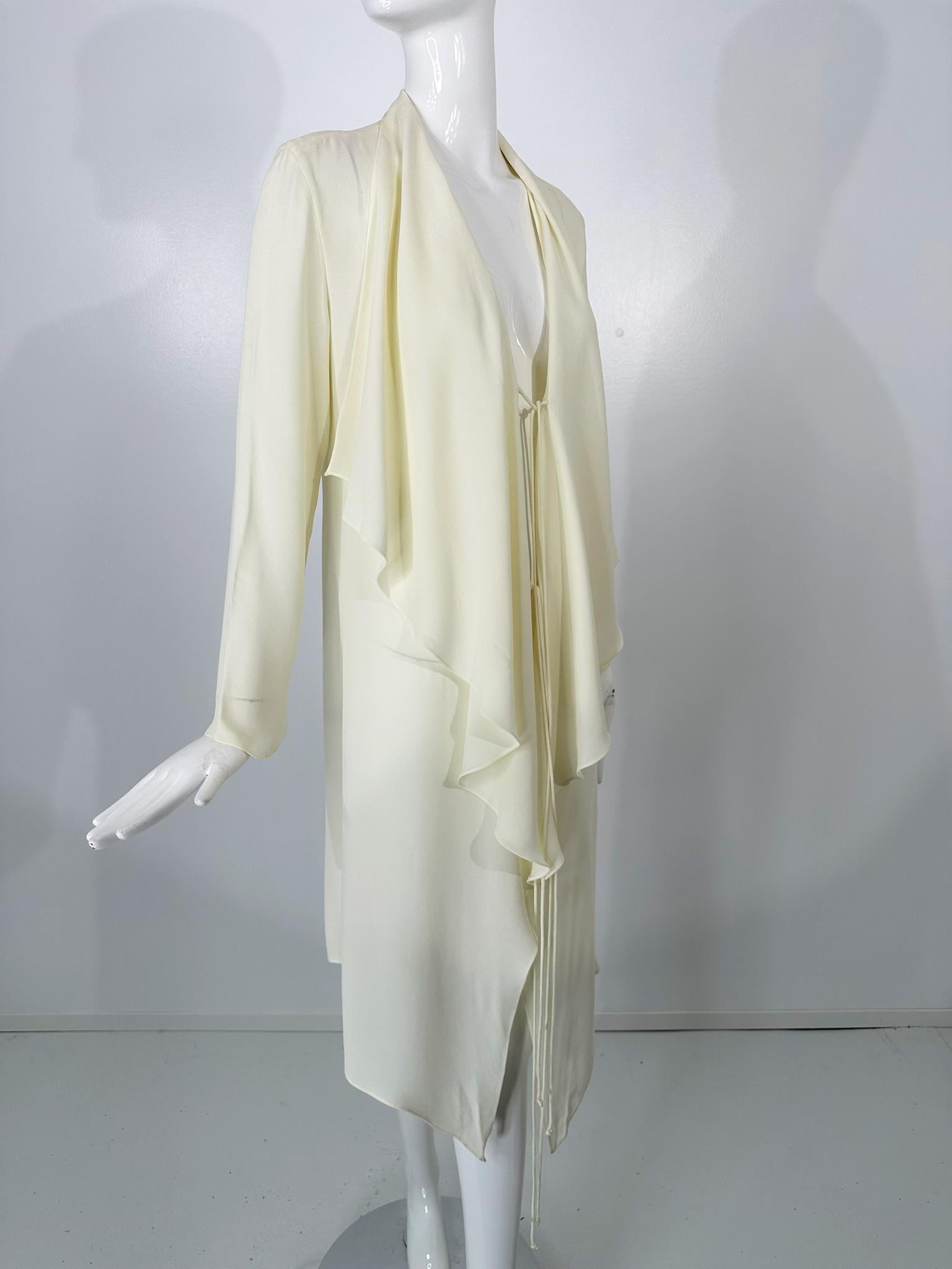 Gray Donna Karan Butter Yellow Drape Lapels Tie Front Lightweight Crepe Coat 8 1980s For Sale