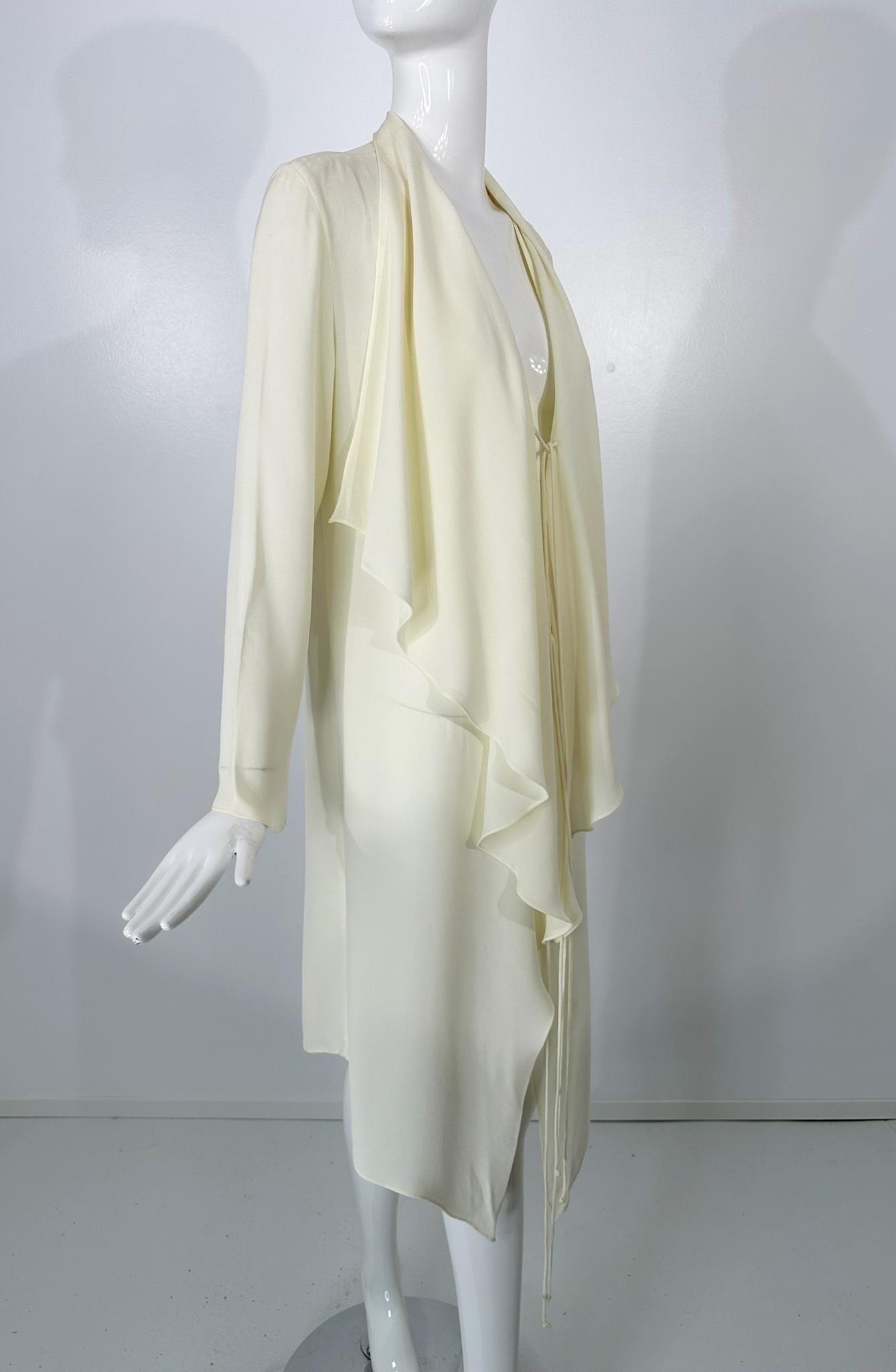 Donna Karan Butter Yellow Drape Lapels Tie Front Lightweight Crepe Coat 8 1980s In Good Condition For Sale In West Palm Beach, FL
