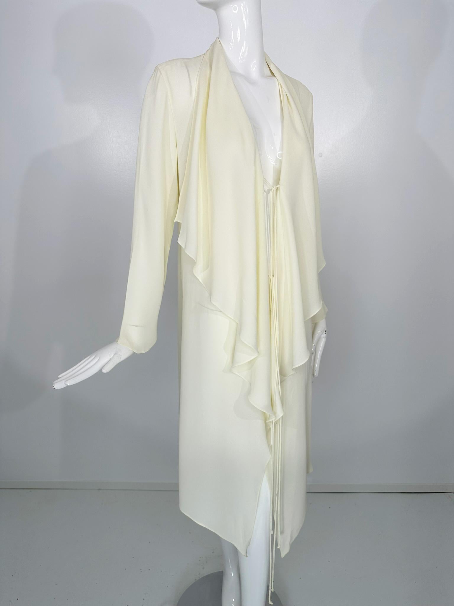 Donna Karan Butter Yellow Drape Lapels Tie Front Lightweight Crepe Coat 8 1980s For Sale 1