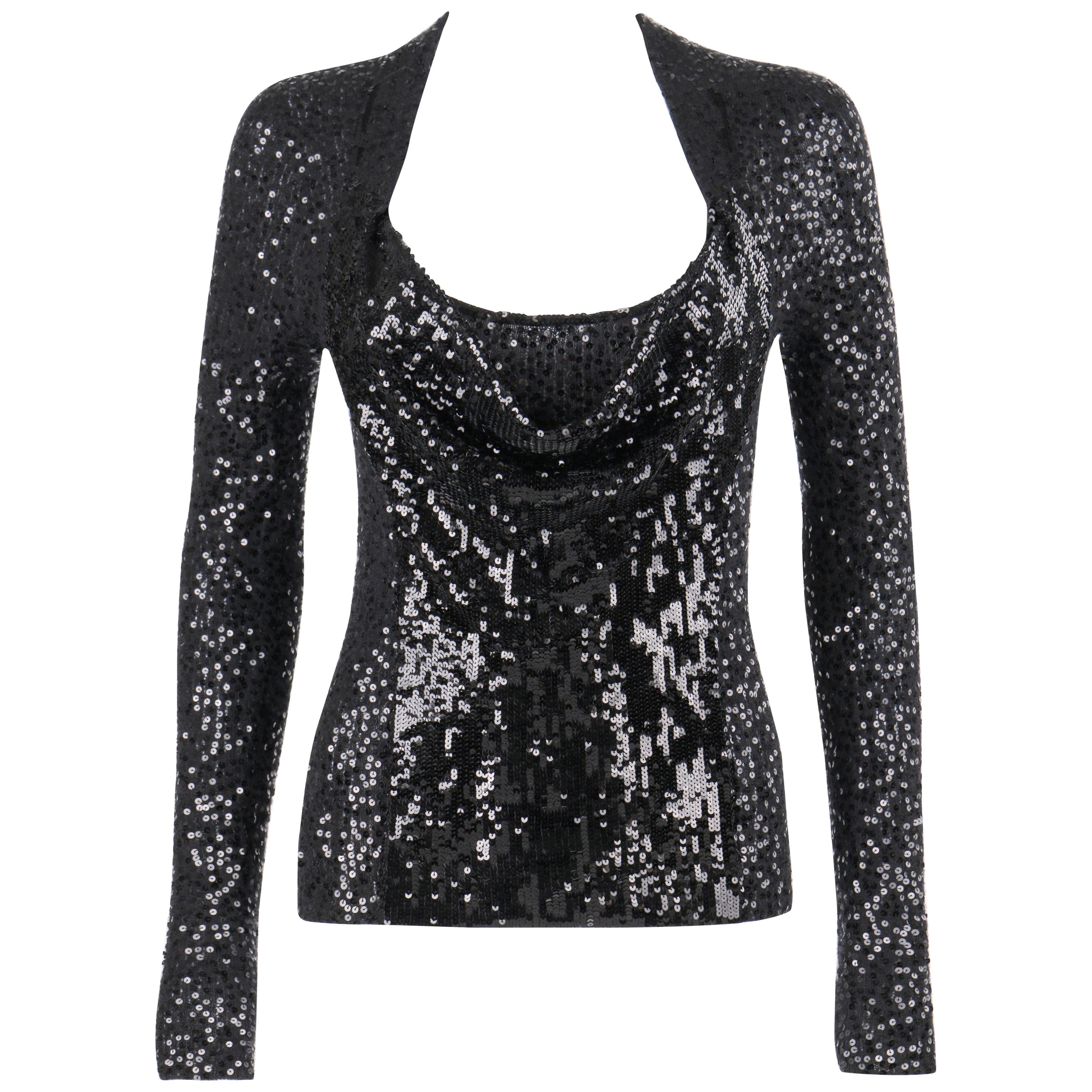 DONNA KARAN c. 1990’s Black Sequin Silk Cashmere Cowl Neck Knit Sweater Top