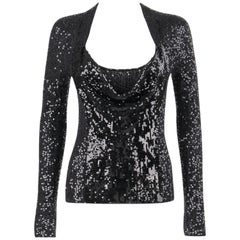 DONNA KARAN - Pull à col bénitier en cachemire et soie noir à sequins, circa 1990