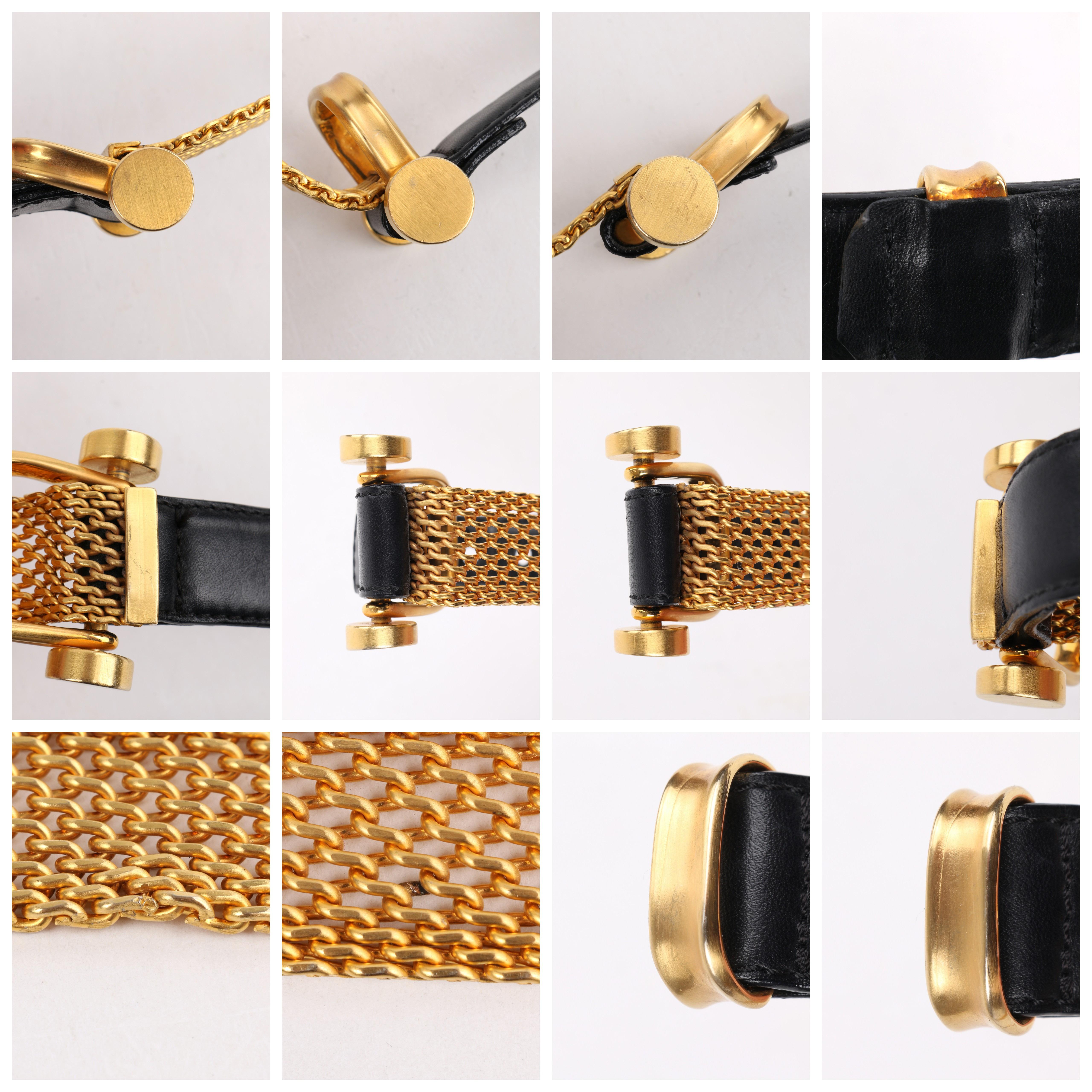DONNA KARAN c.1990s Black & Gold Leather Chainmail Pin Front Waist Belt  2