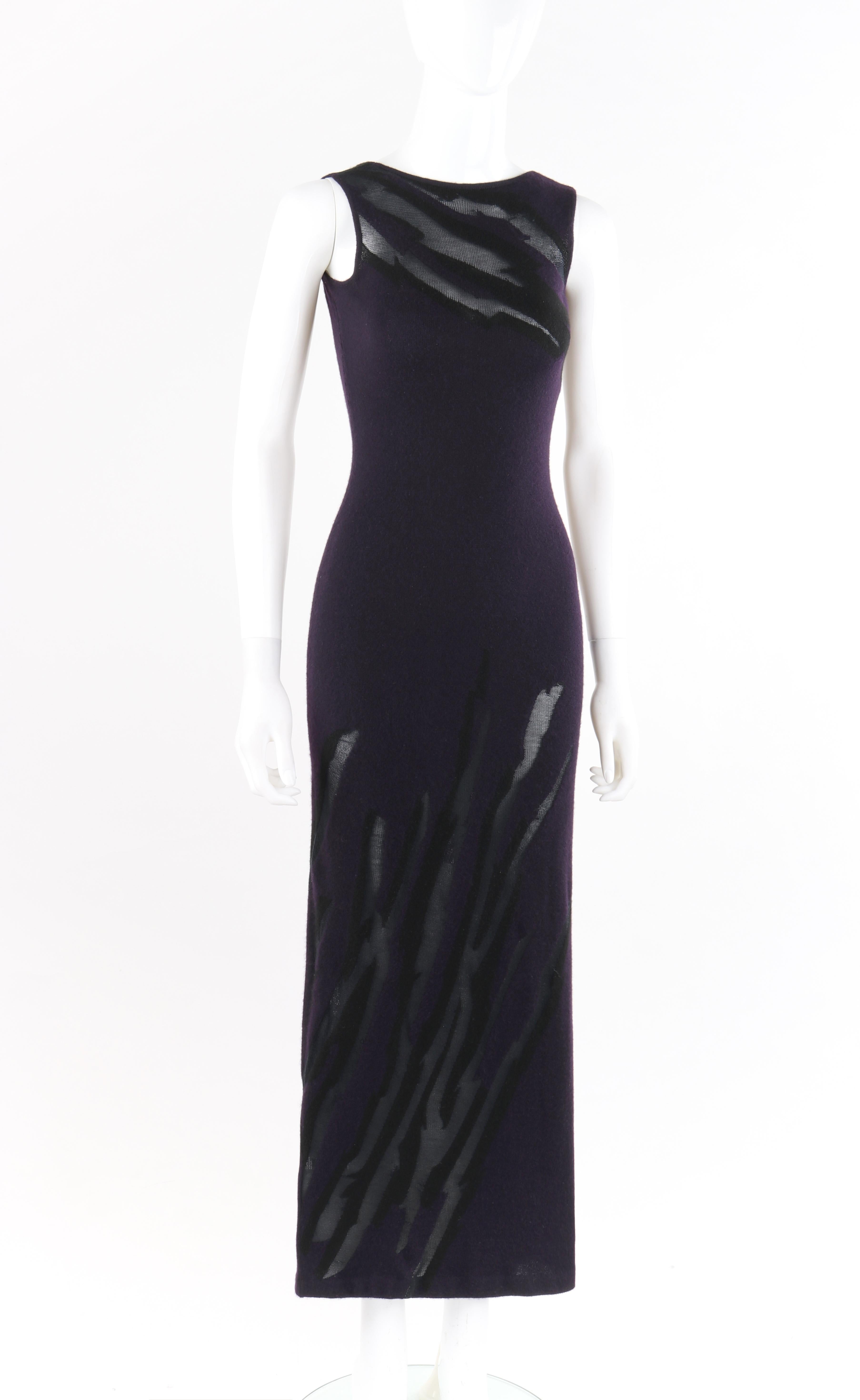 DONNA KARAN c.1990's Cashmere Silk Knit Dark Plum Purple Black Plunge Back Maxi Dress
 
Circa: 1990’s
Label(s): Donna Karan New York
Designer: Donna Karan
Style: Plunging back maxi dress
Color(s): Shades of deep purple and black 
Lined: No 
Marked