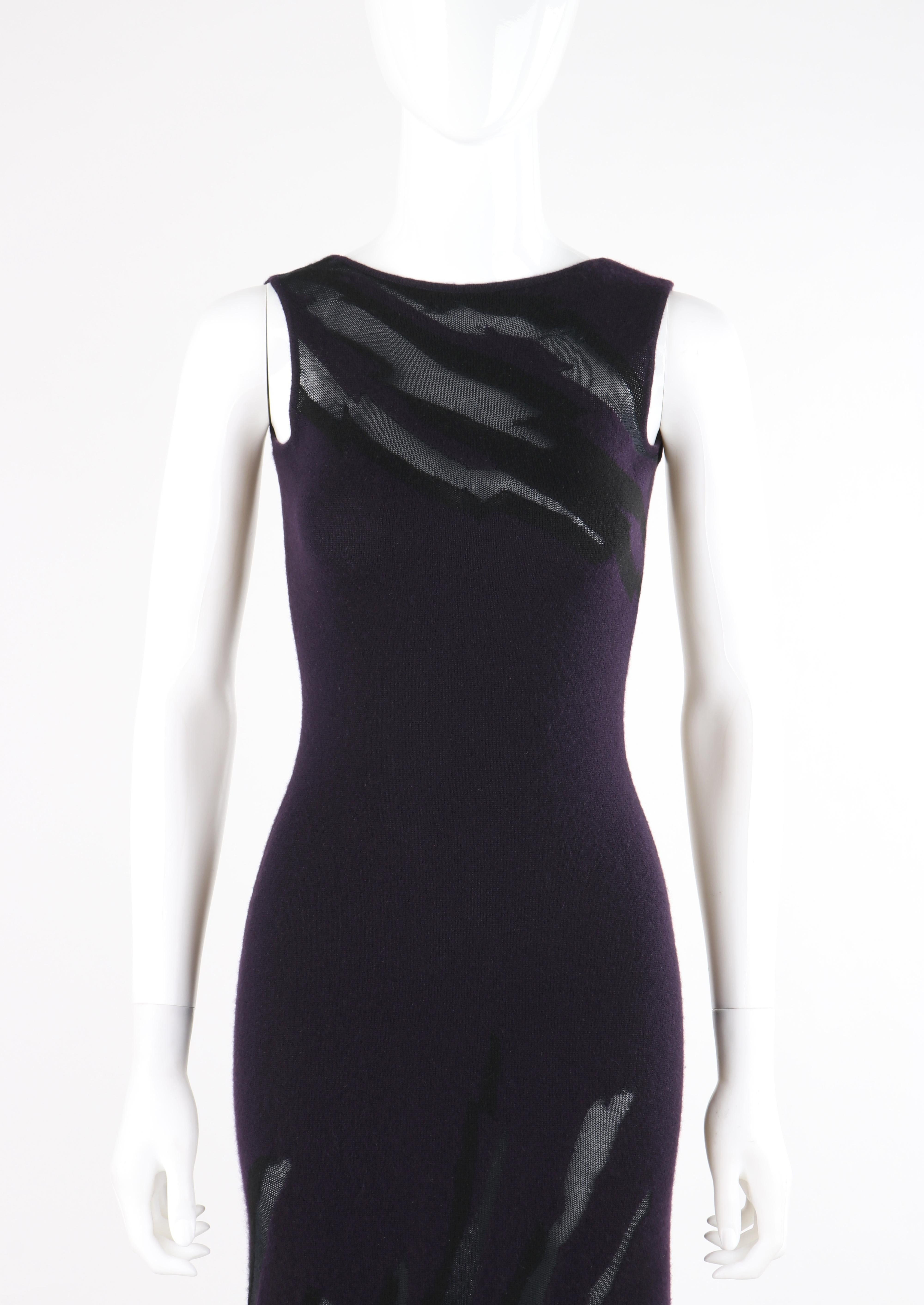 DONNA KARAN c.1990's Cashmere Silk Knit Dark Purple Black Plunge Back Maxi Dress In Good Condition In Thiensville, WI
