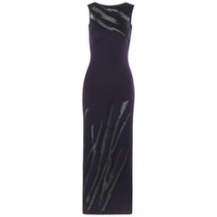 DONNA KARAN c.1990's Cashmere Silk Knit Dark Purple Black Plunge Back Maxi Dress