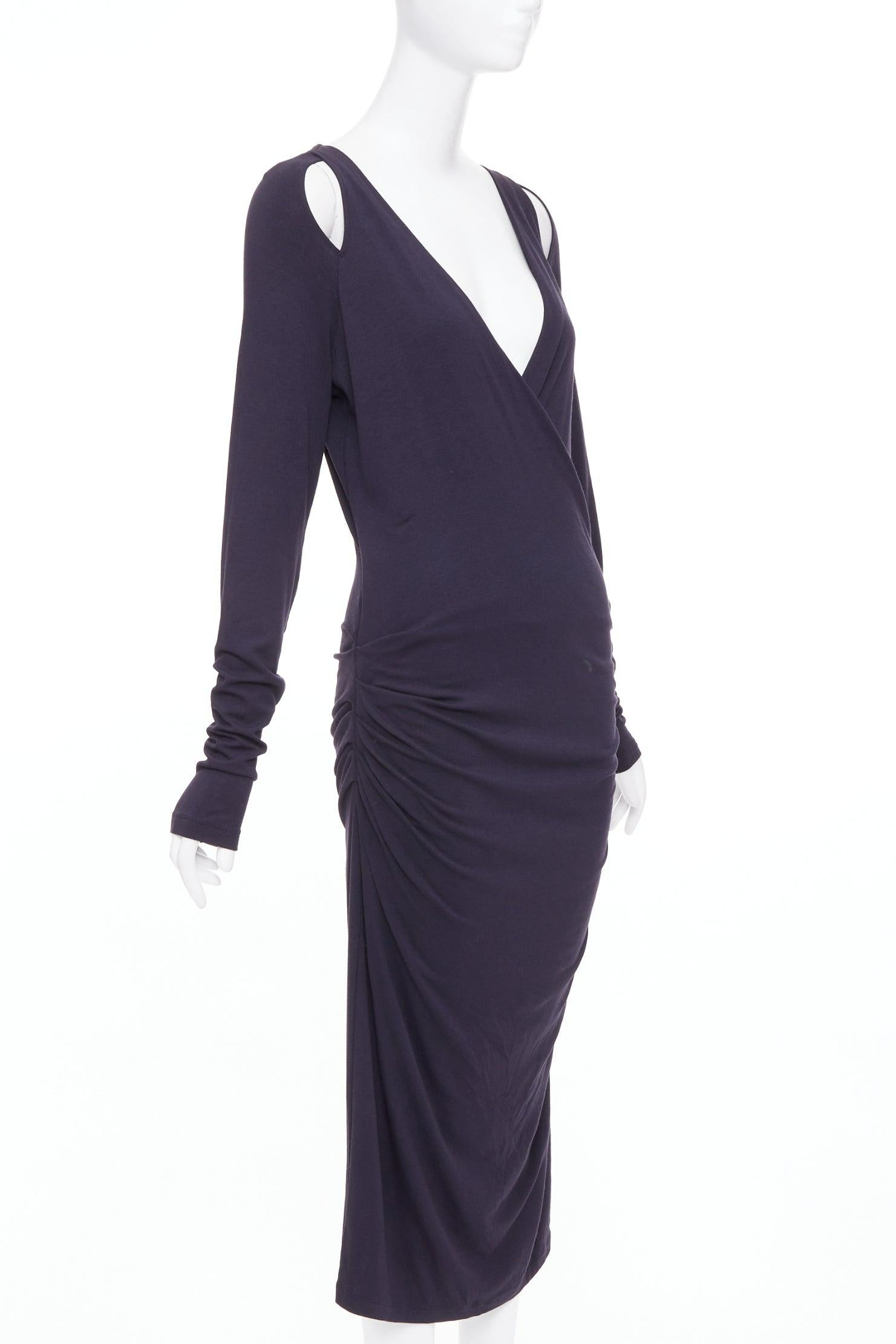 DONNA KARAN Anthrazitgraues Kleid mit V-Ausschnitt und langen Ärmeln mit kalten Schultern L (Schwarz) im Angebot