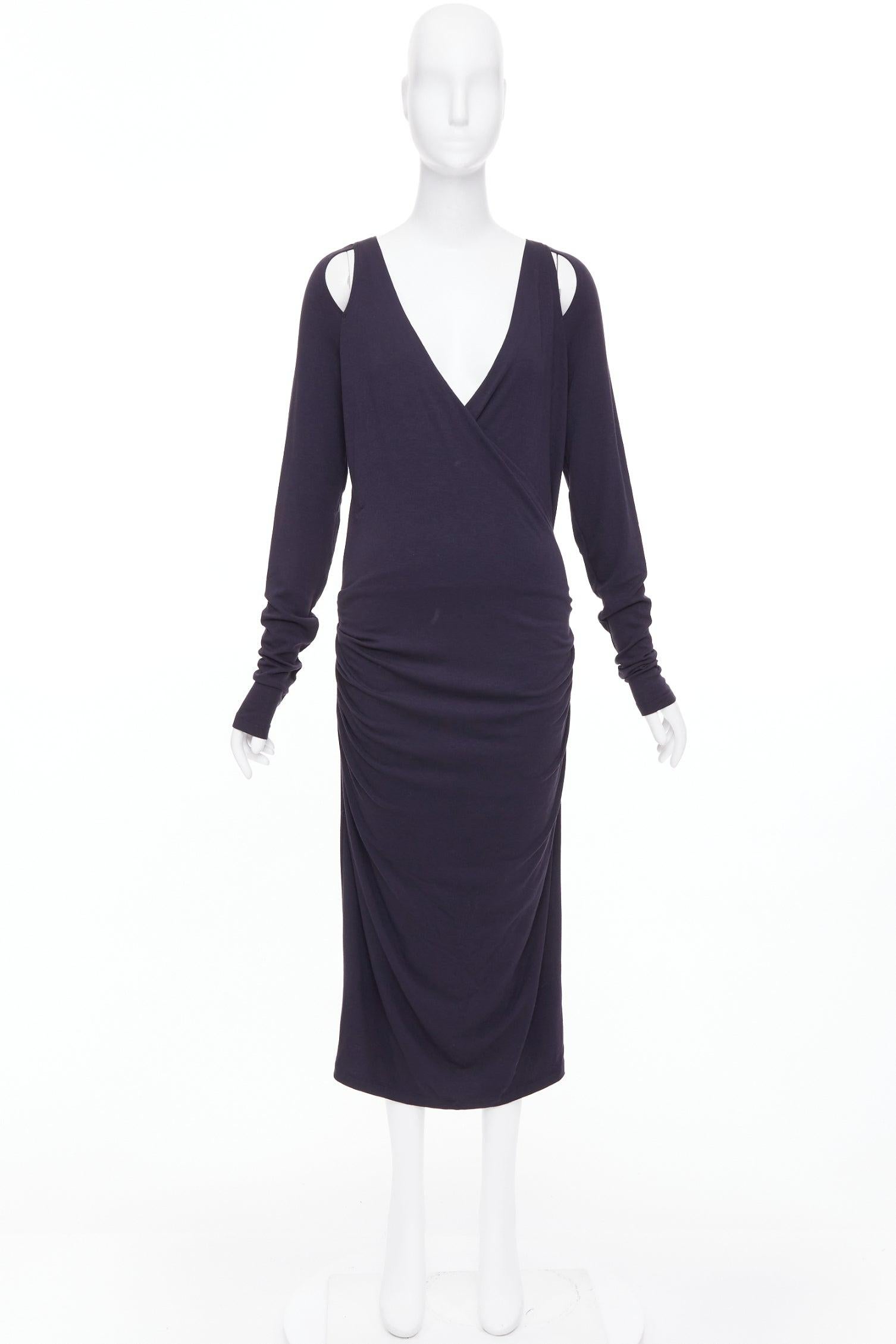 DONNA KARAN Anthrazitgraues Kleid mit V-Ausschnitt und langen Ärmeln mit kalten Schultern L im Angebot 4