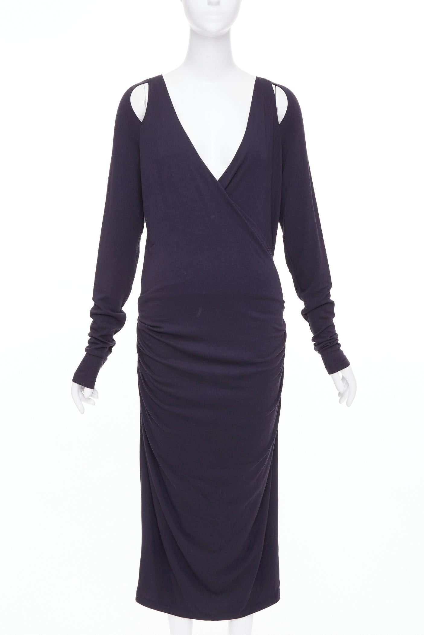 DONNA KARAN charcoal grey cold shoulder plunge V neck long sleeve dress L