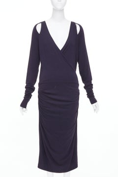 DONNA KARAN charcoal grey cold shoulder plunge V neck long sleeve dress L