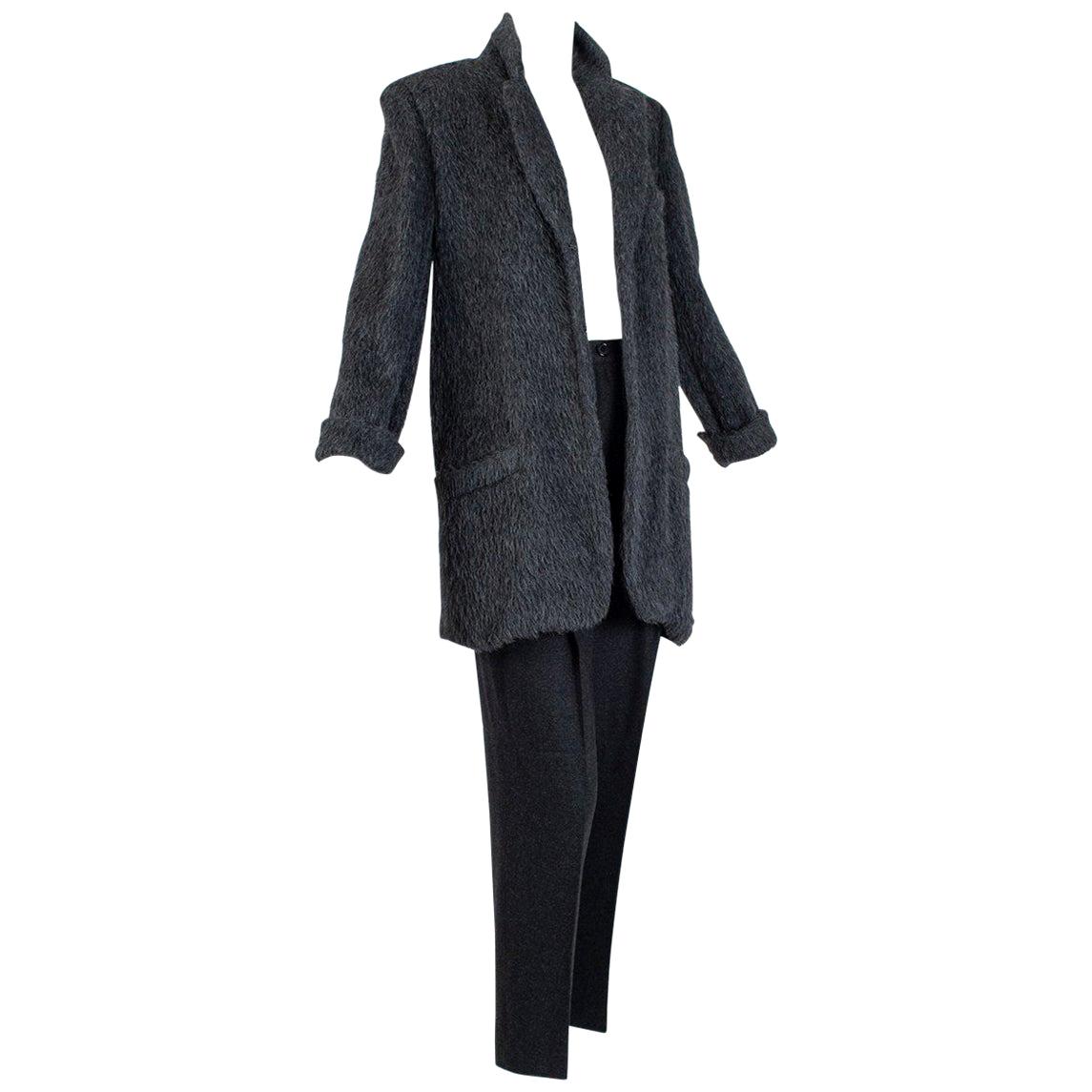 Donna Karan Charcoal Gray Teddy Bear Cashmere and Alpaca Pant Suit - M, 1990s For Sale
